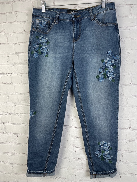Earl Jeans Denim - EARL unique blue skinny ankle jeans with floral embroidery, size 12P